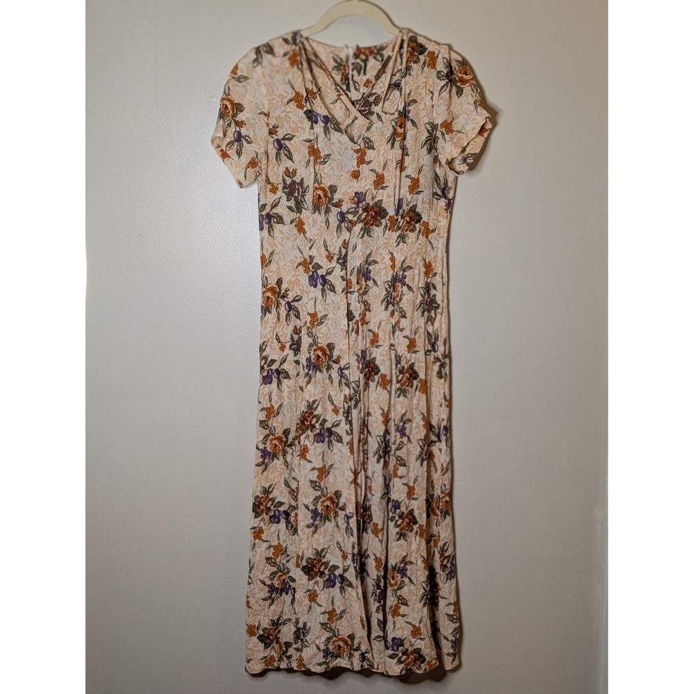 Vintage Floral Crinkle Maxi Dress Short Sleeve Lattice V-Neck Boho Cream Multi